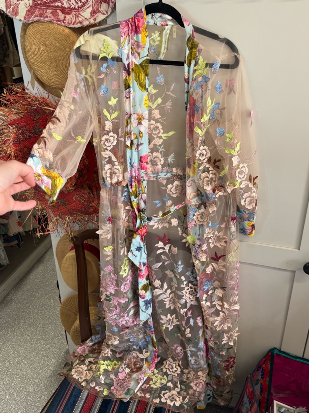 ARATTA Sheer Floral Embroidered Long Kimono Robe - Multicolor